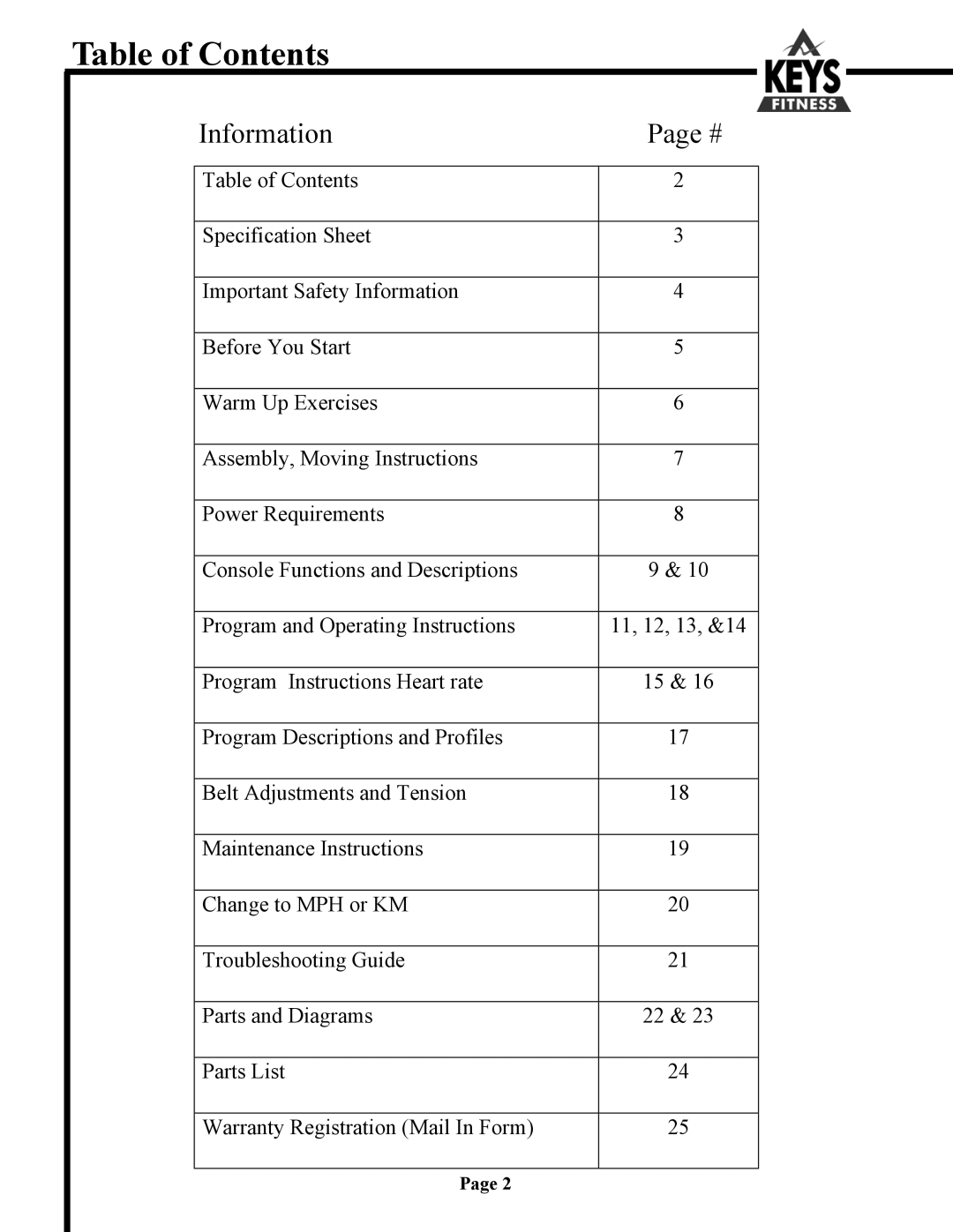 Keys Fitness 4500, 6500HR owner manual Table of Contents 