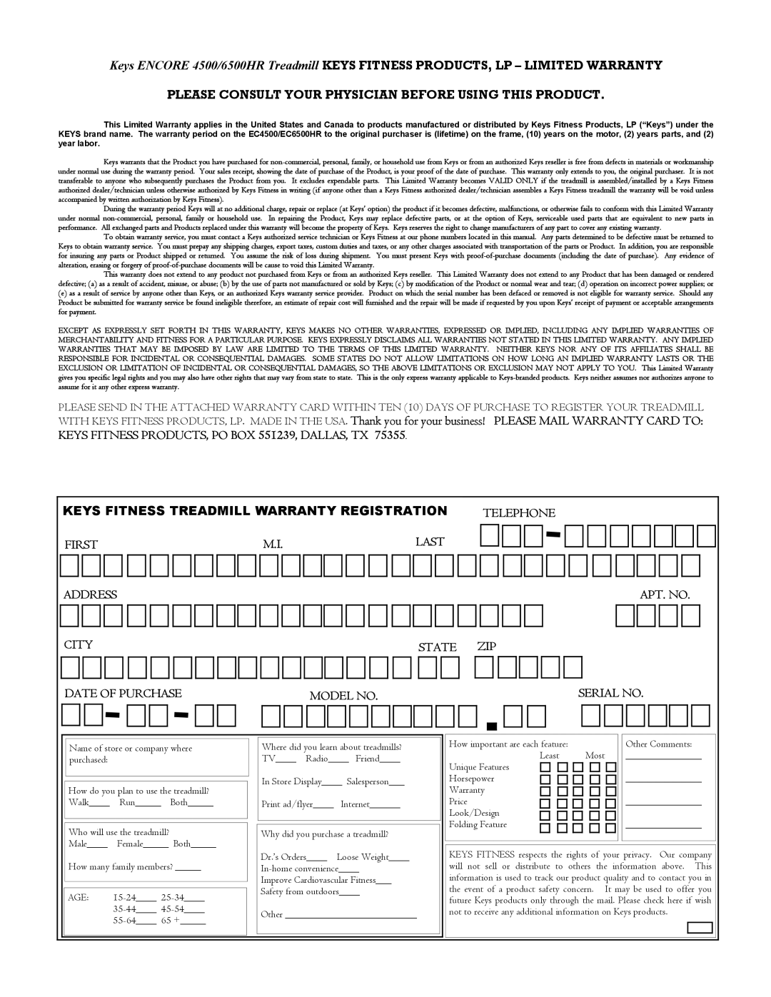 Keys Fitness 6500HR, 4500 owner manual Please Consult Your Physician Before Using this Product 