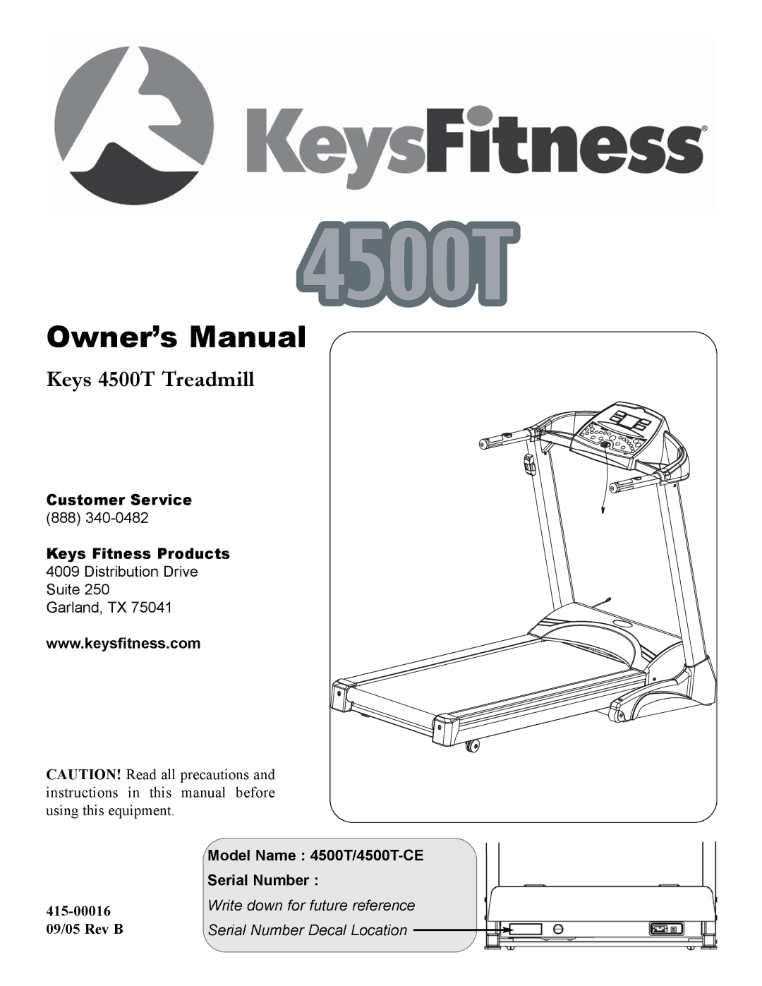 Keys Fitness owner manual Keys 4500T Treadmill 