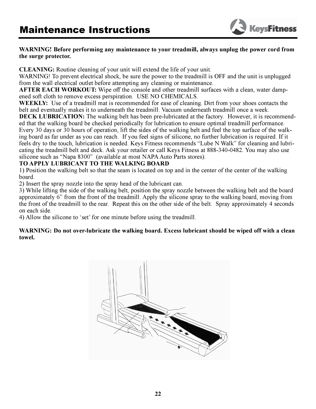 Keys Fitness 4500T owner manual Maintenance Instructions, To Apply Lubricant to the Walking Board 