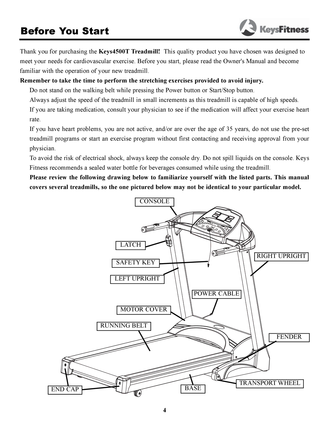 Keys Fitness 4500T owner manual Before You Start 