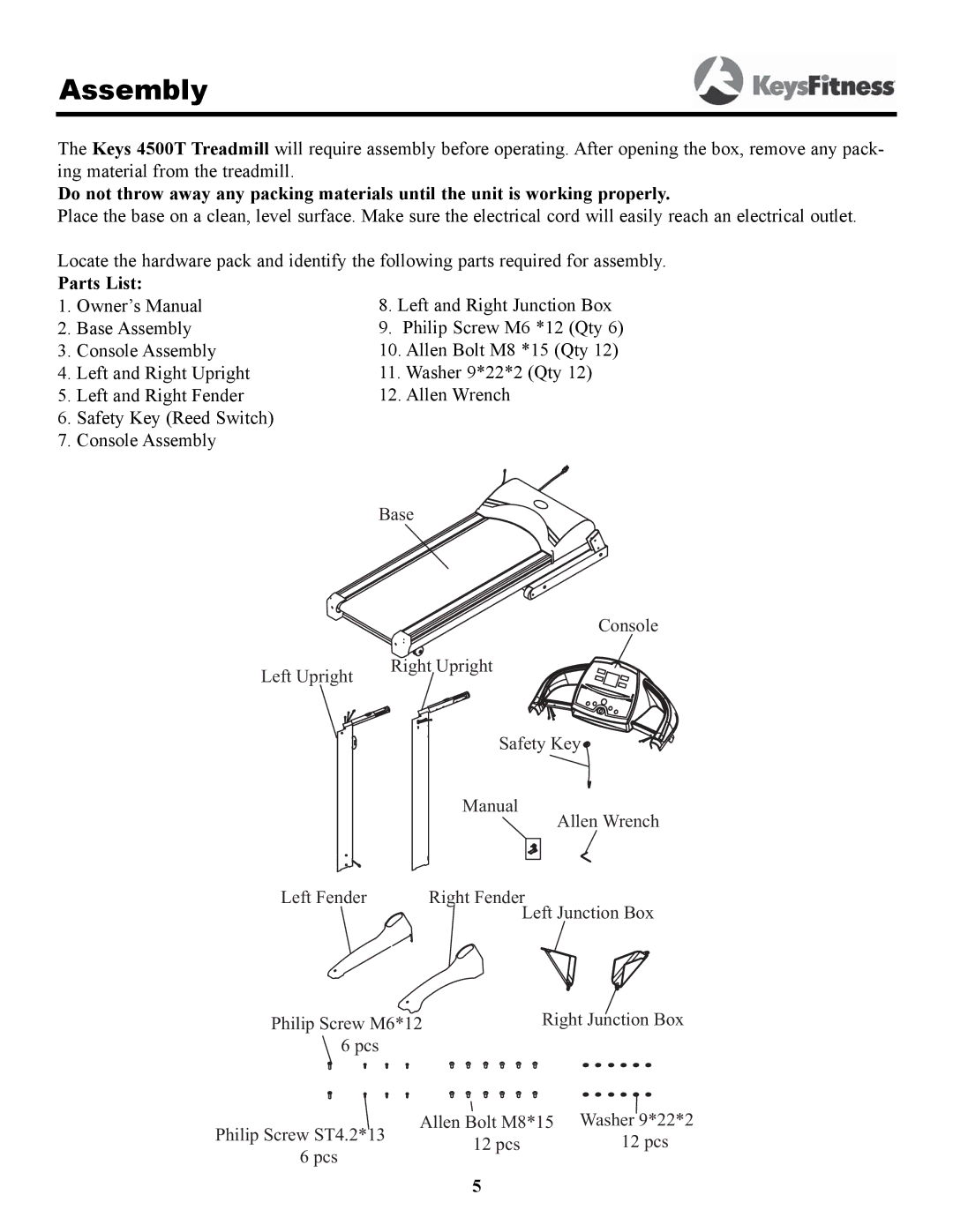 Keys Fitness 4500T owner manual Assembly, Parts List 