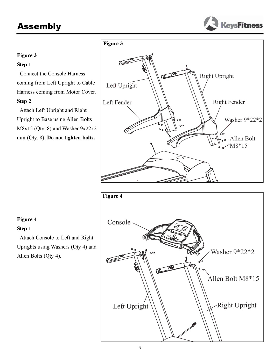 Keys Fitness 4500T owner manual Console Washer 9*22*2 Allen Bolt M8*15 Left Upright 
