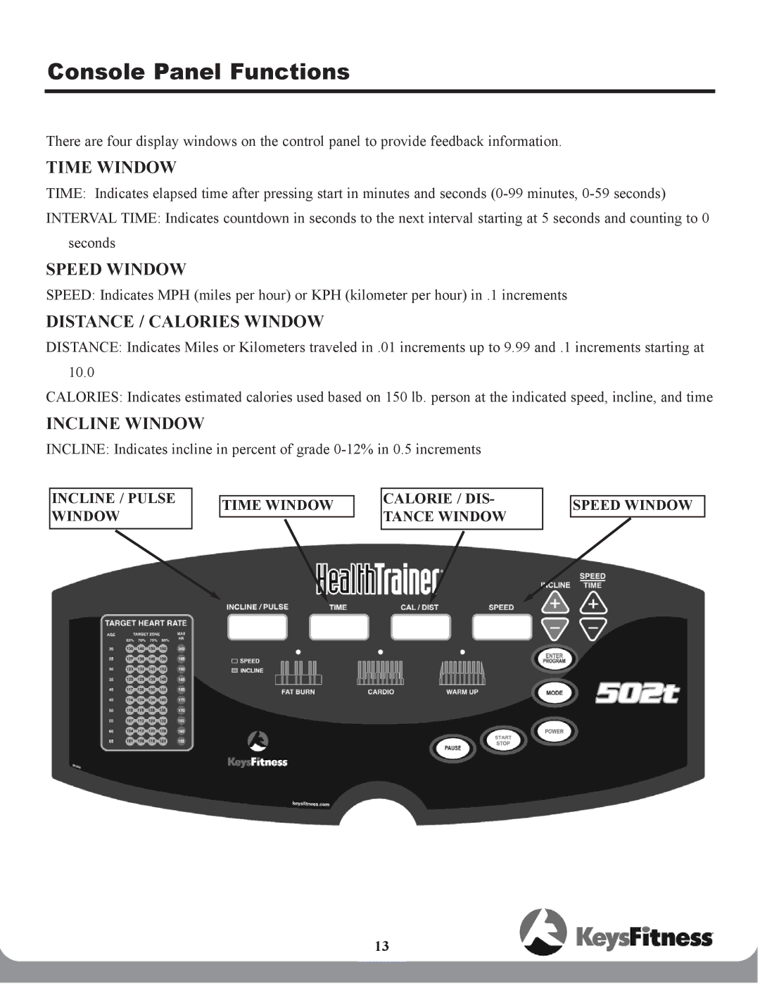 Keys Fitness 502t owner manual Console Panel Functions, Time Window 