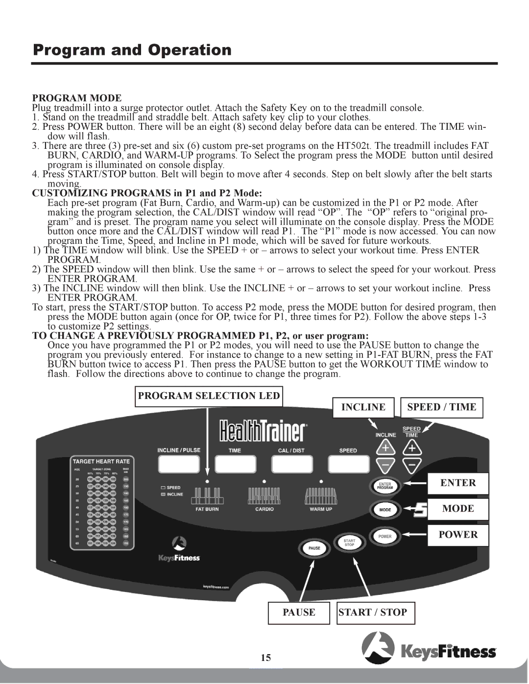 Keys Fitness 502t owner manual Incline Speed / Time 