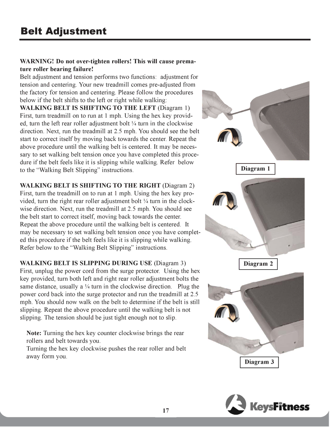 Keys Fitness 502t owner manual Belt Adjustment 