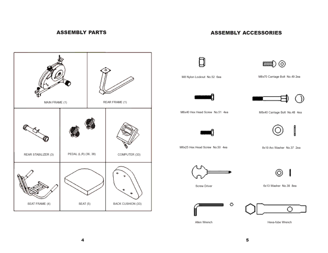 Keys Fitness 520 owner manual Assembly Parts Assembly Accessories 