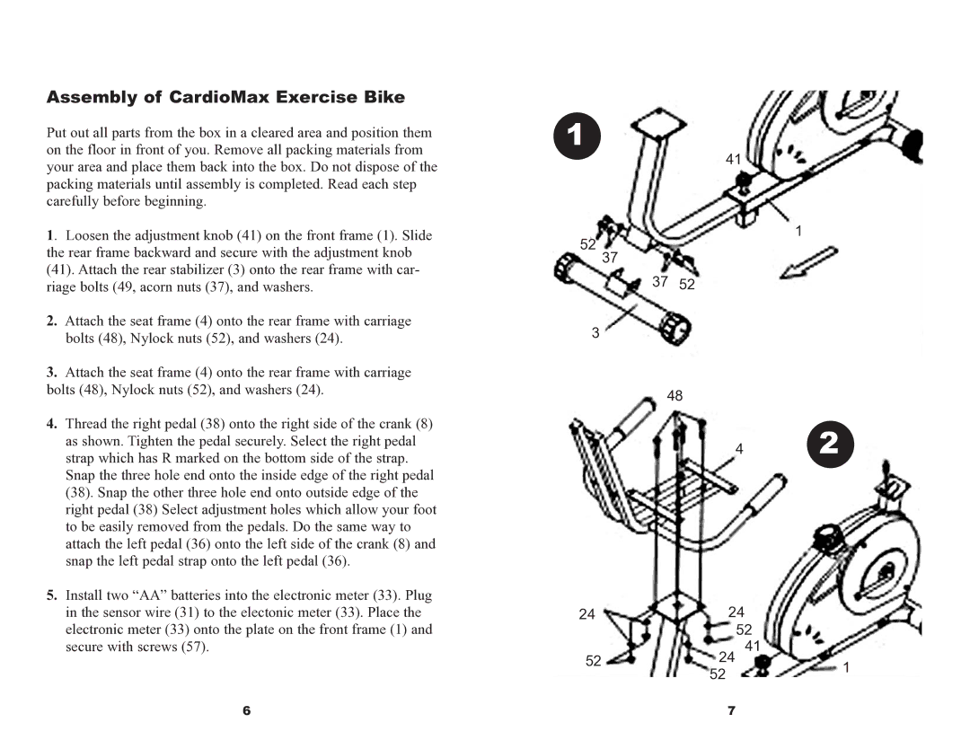 Keys Fitness 520 owner manual Assembly of CardioMax Exercise Bike 