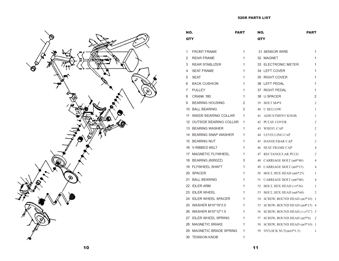 Keys Fitness owner manual 520R Parts List 