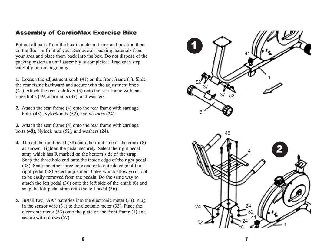 Keys Fitness 520 owner manual Assembly of CardioMax Exercise Bike 