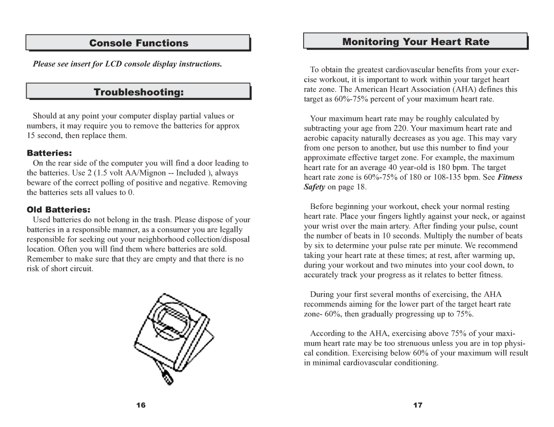 Keys Fitness 520U owner manual Console Functions, Troubleshooting, Monitoring Your Heart Rate, Old Batteries 