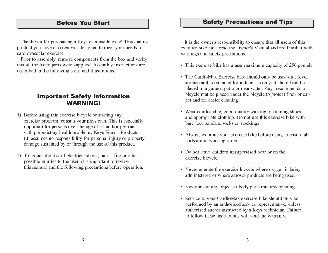 Keys Fitness 520U owner manual Before You Start, Important Safety Information, Safety Precautions and Tips 