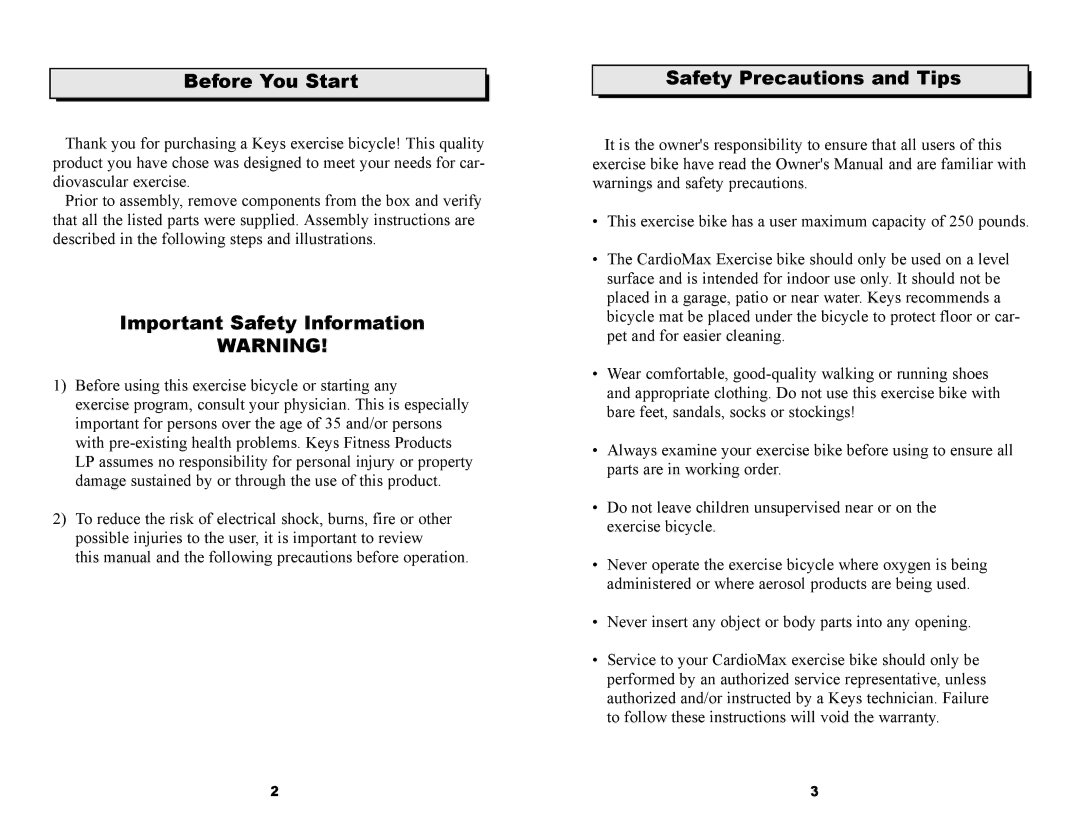 Keys Fitness 530U owner manual Before You Start, Important Safety Information, Safety Precautions and Tips 