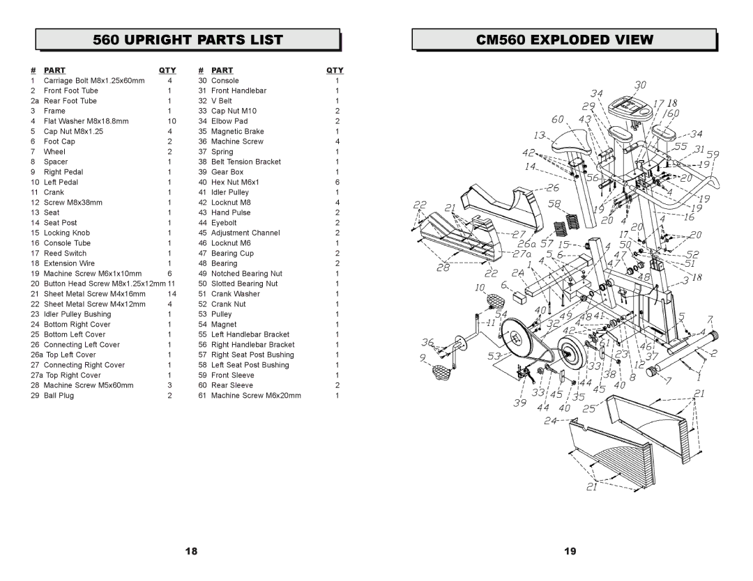 Keys Fitness owner manual Upright Parts List, CM560 Exploded View 