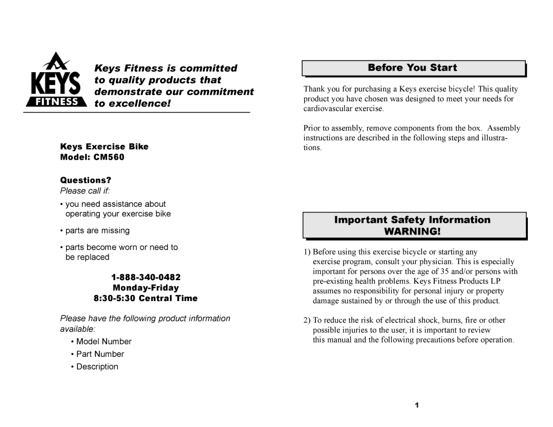 Keys Fitness 560 owner manual Before You Start, Important Safety Information 