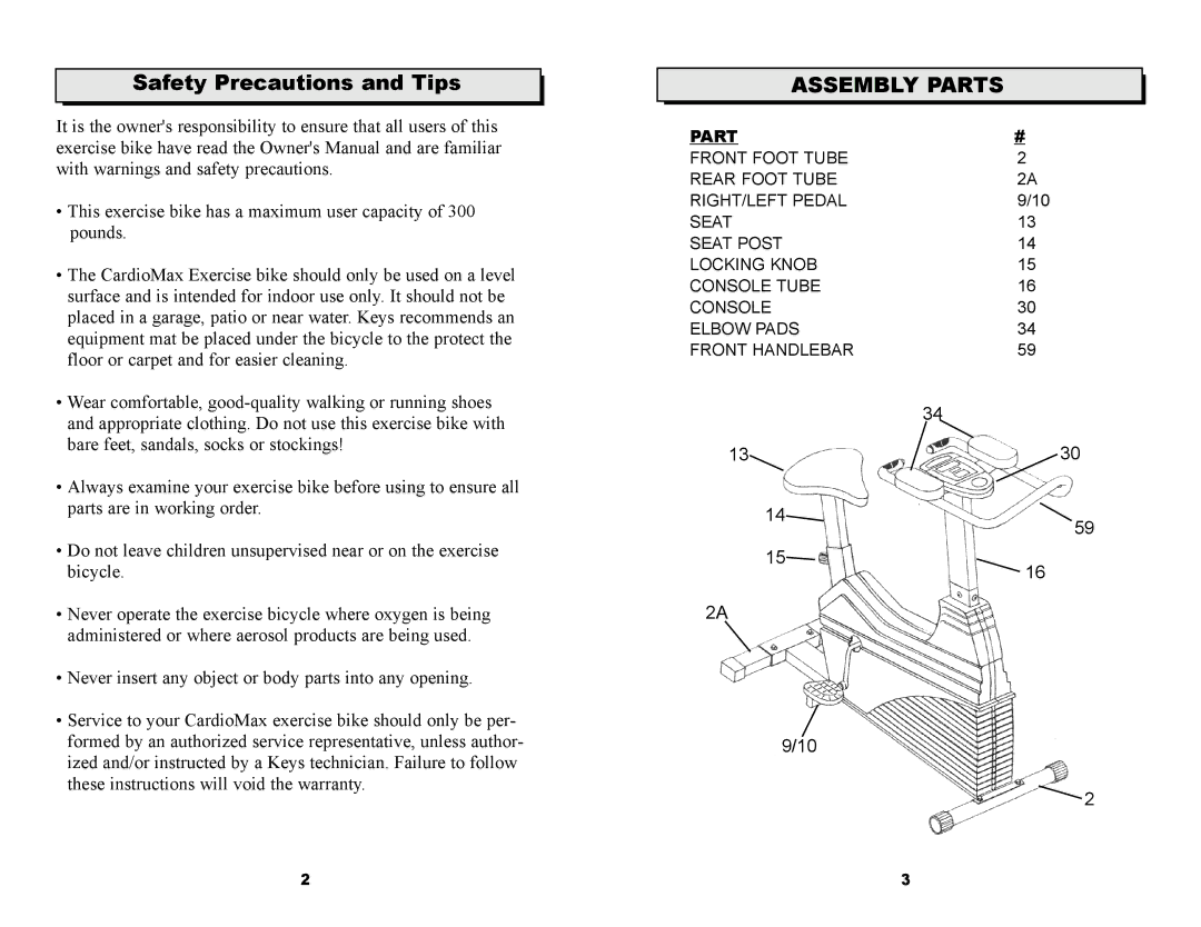 Keys Fitness 560 owner manual Safety Precautions and Tips, Assembly Parts 