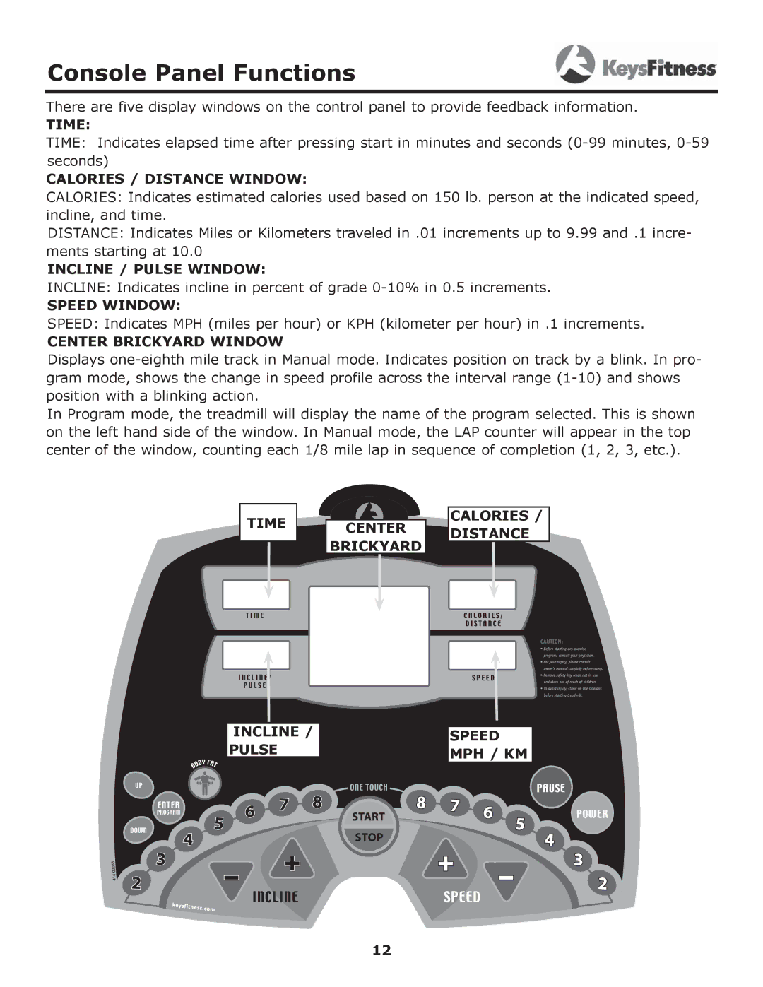 Keys Fitness 5600T owner manual Console Panel Functions 