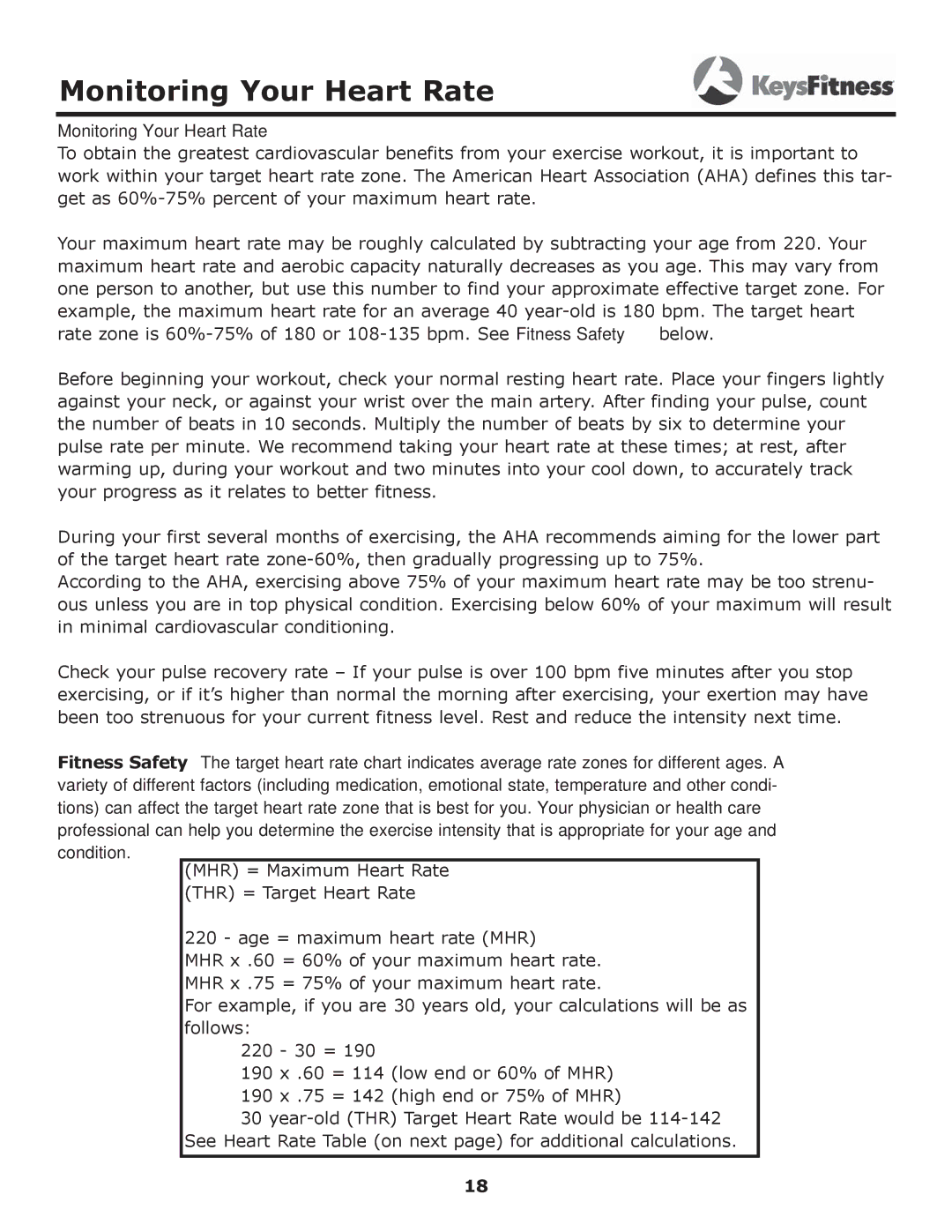 Keys Fitness 5600T owner manual Monitoring Your Heart Rate 