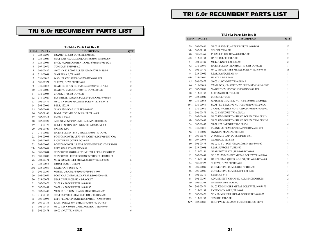 Keys Fitness owner manual TRI 6.0r Recumbent Parts List, TRI-60.r Parts List Rev B 