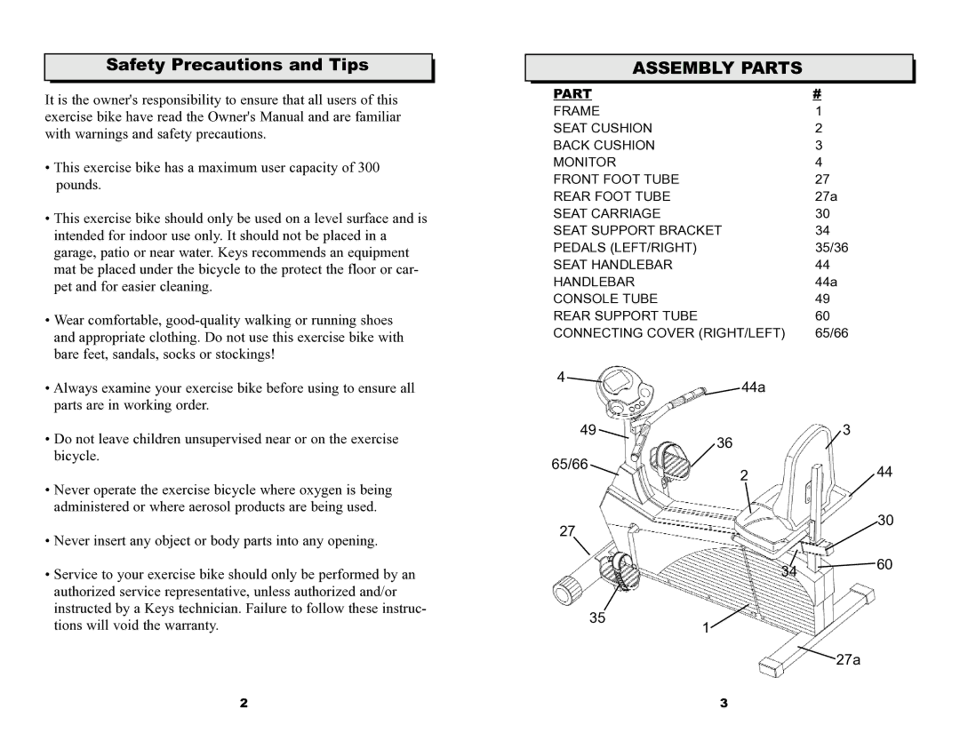 Keys Fitness 6.0r owner manual Safety Precautions and Tips, Assembly Parts 