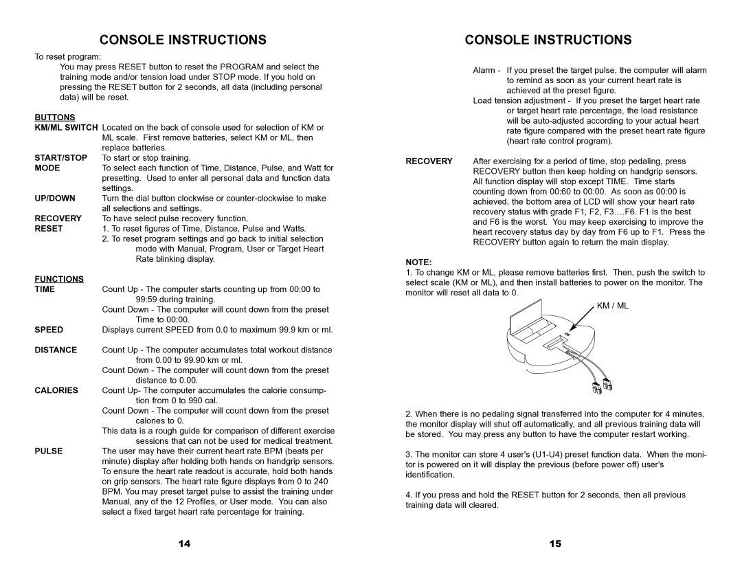 Keys Fitness 6.0r Buttons, Start/Stop, Mode, Up/Down, Recovery, Reset, Functions Time, Speed, Distance, Calories, Pulse 