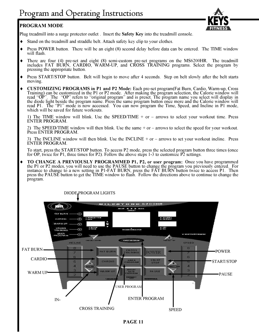 Keys Fitness 6200HR owner manual Program Mode 