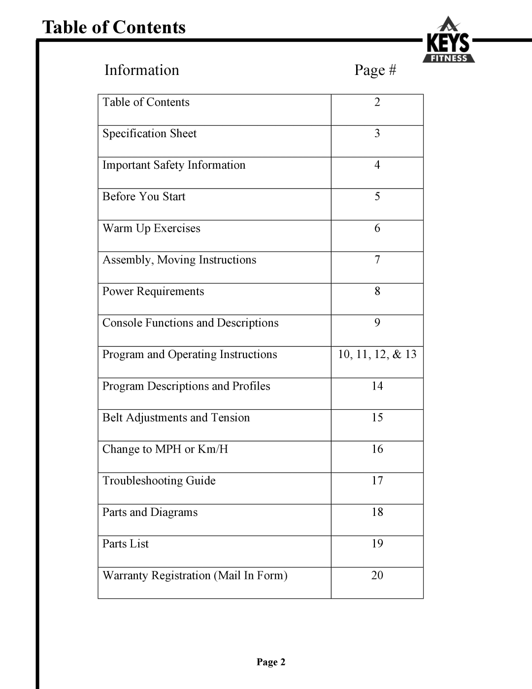 Keys Fitness 6200HR owner manual Table of Contents 