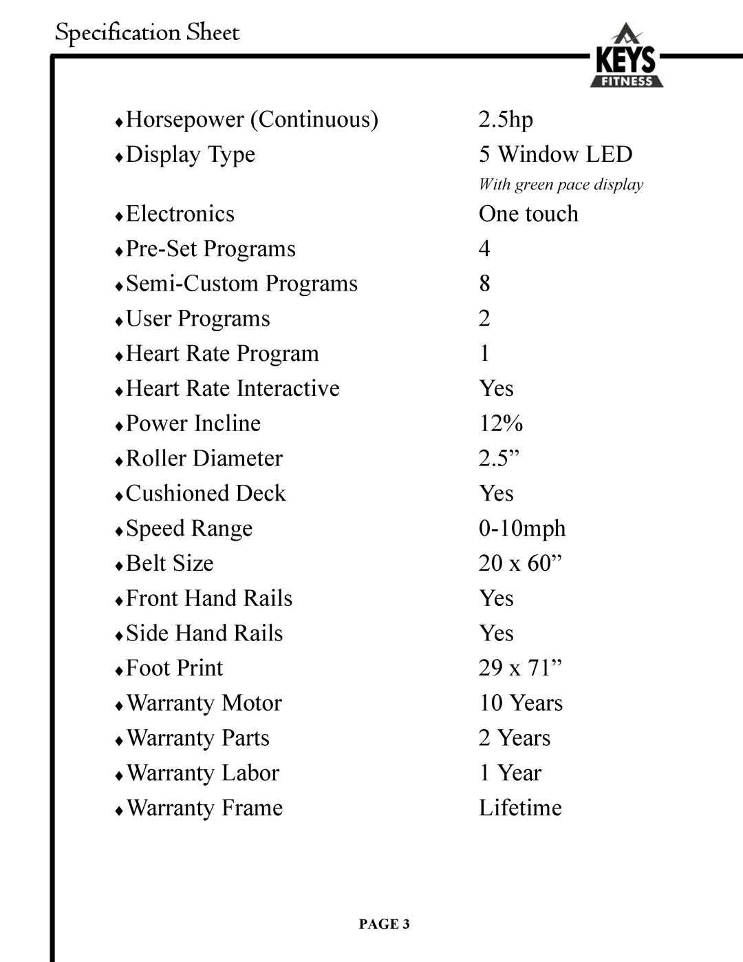 Keys Fitness 6200HR owner manual Specification Sheet 