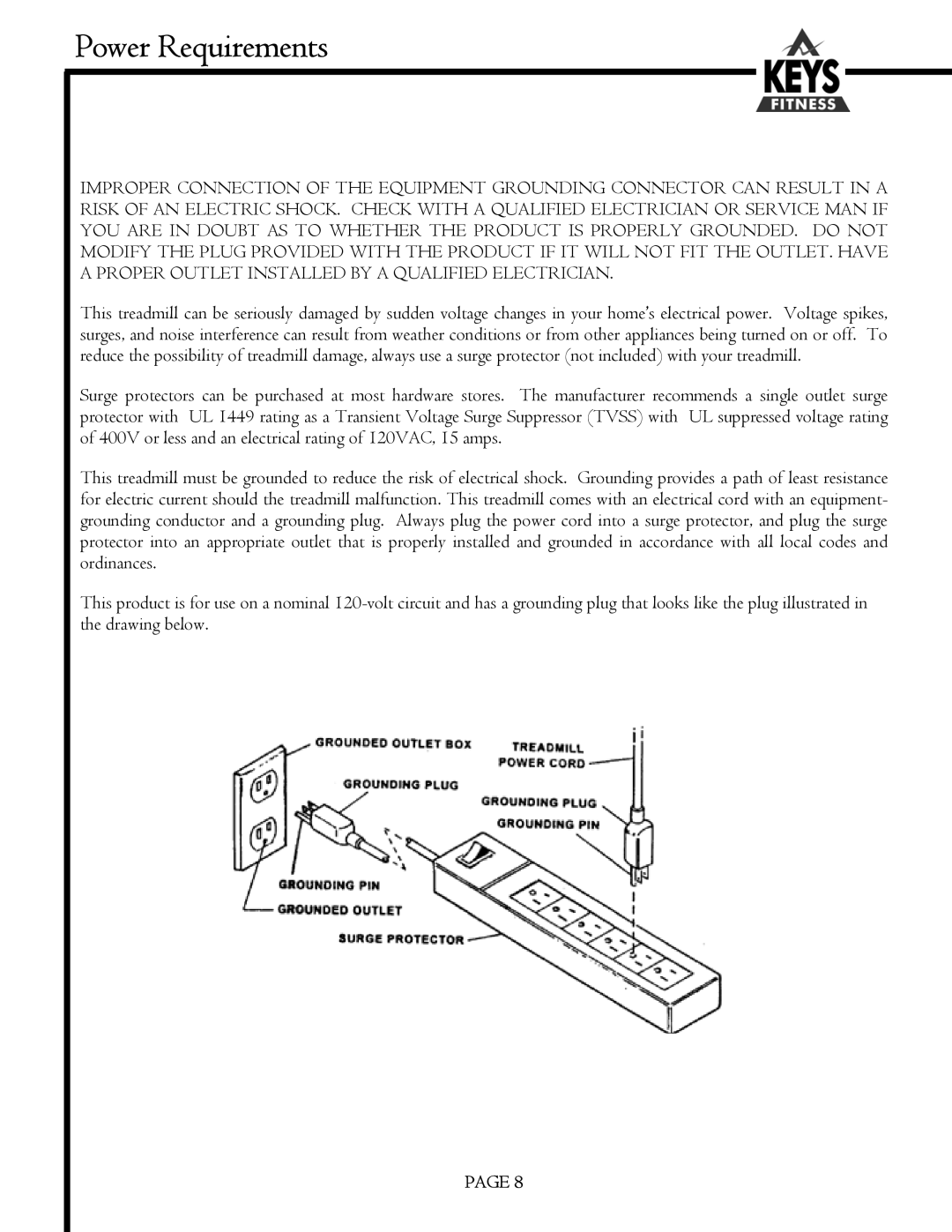 Keys Fitness 6200HR owner manual Power Requirements 