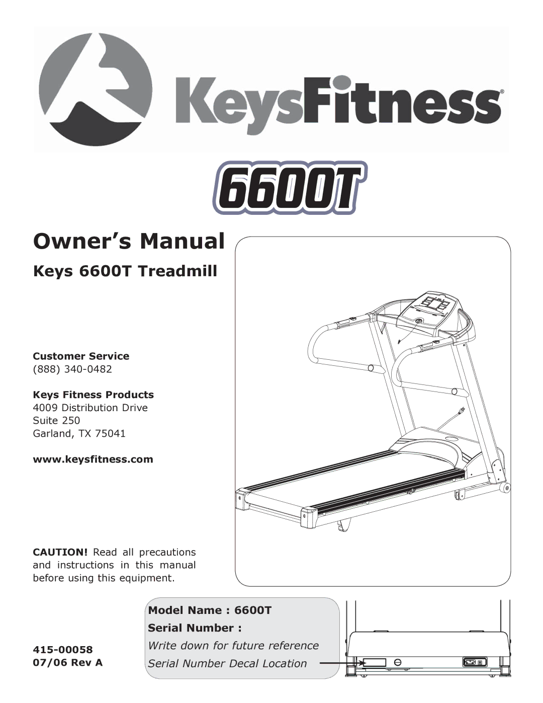 Keys Fitness 6600t owner manual Keys 6600T Treadmill 