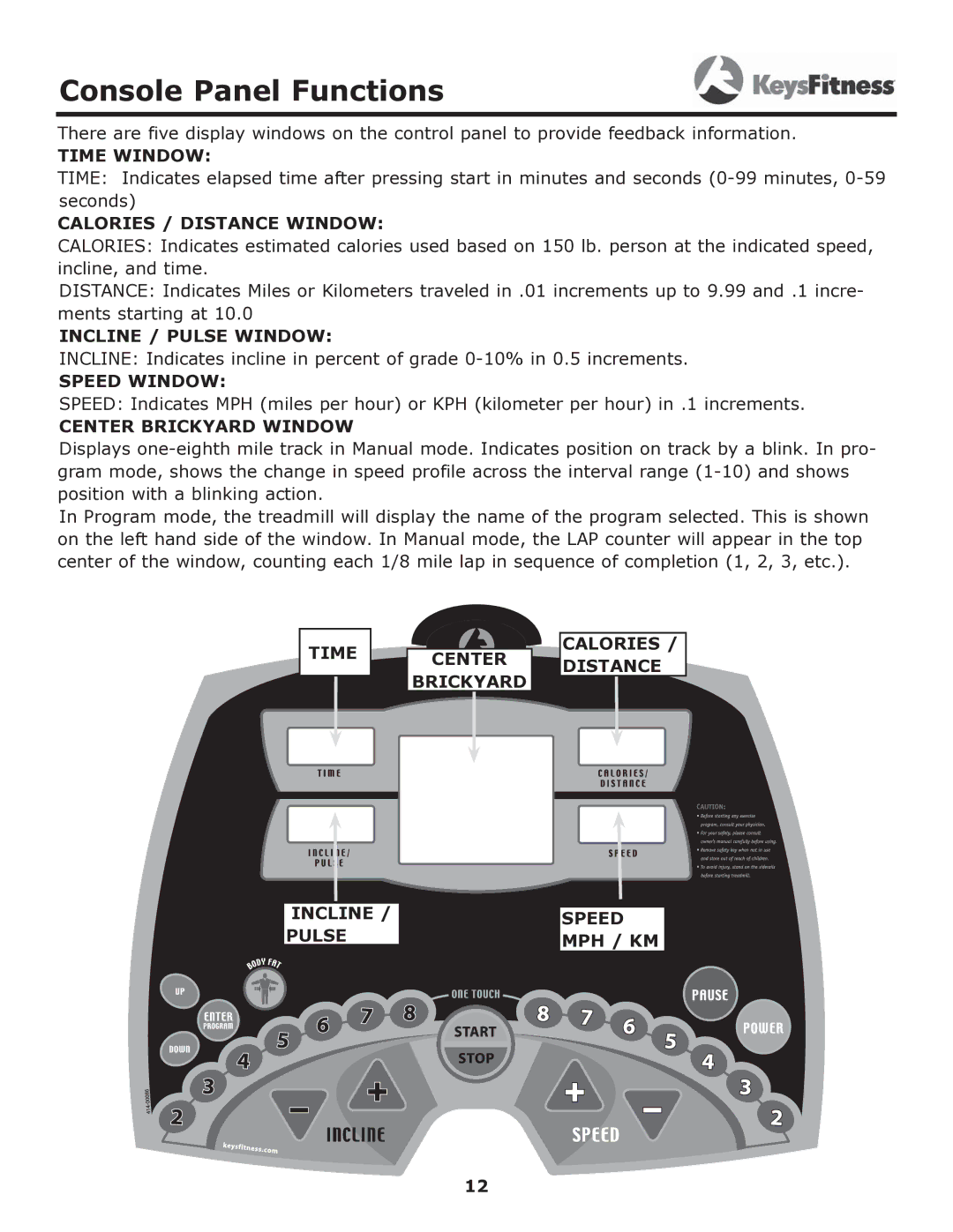 Keys Fitness 6600t owner manual Console Panel Functions 