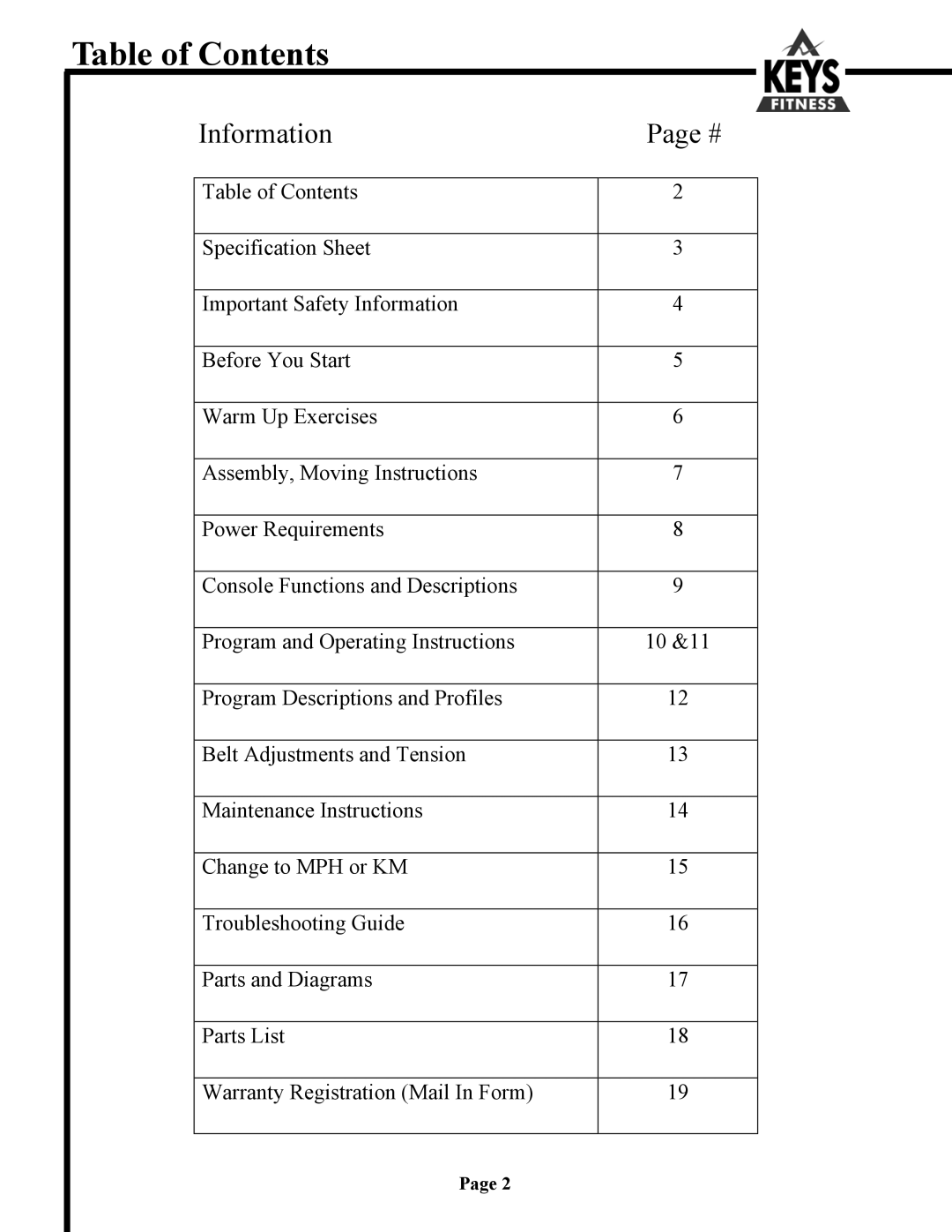 Keys Fitness 700 owner manual Table of Contents 