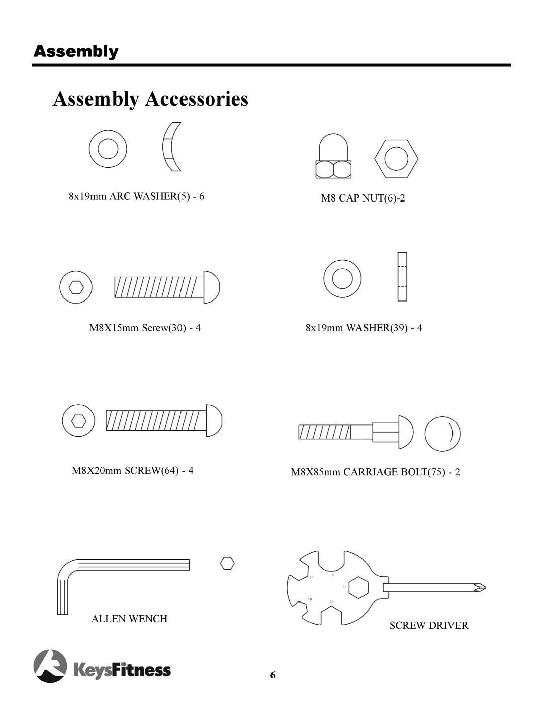 Keys Fitness 700u Assembly Accessories, 8x19mm ARC WASHER5, M8 CAP NUT6-2, M8X15mm Screw30, 8x19mm WASHER39, Allen Wench 