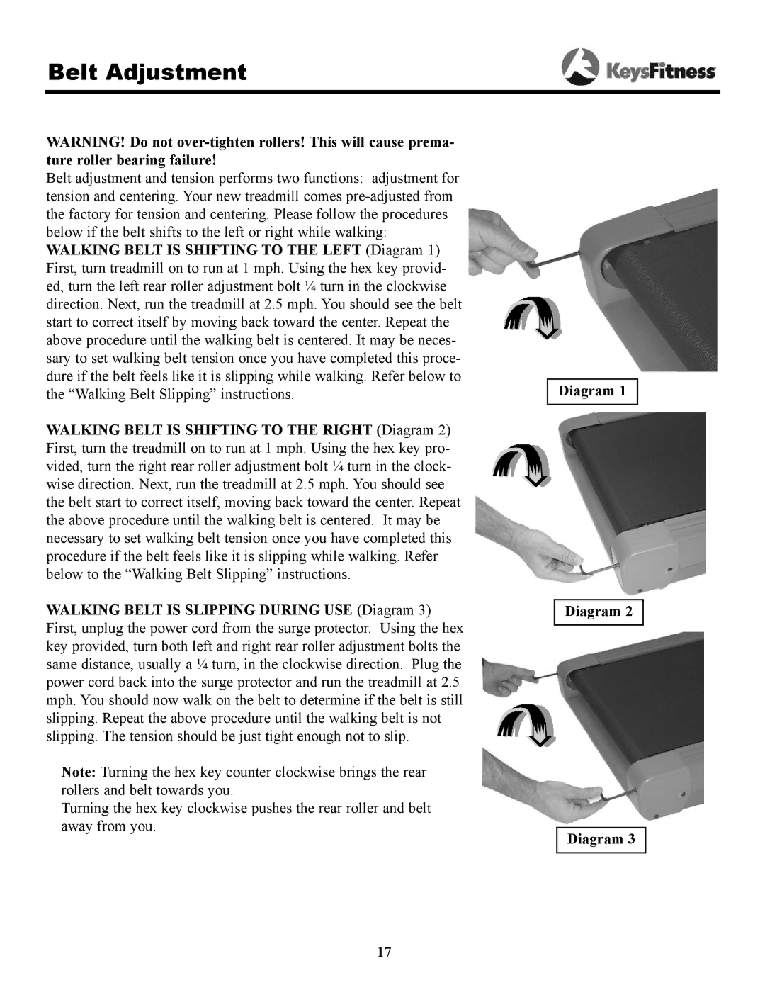 Keys Fitness 7.3t owner manual Belt Adjustment 