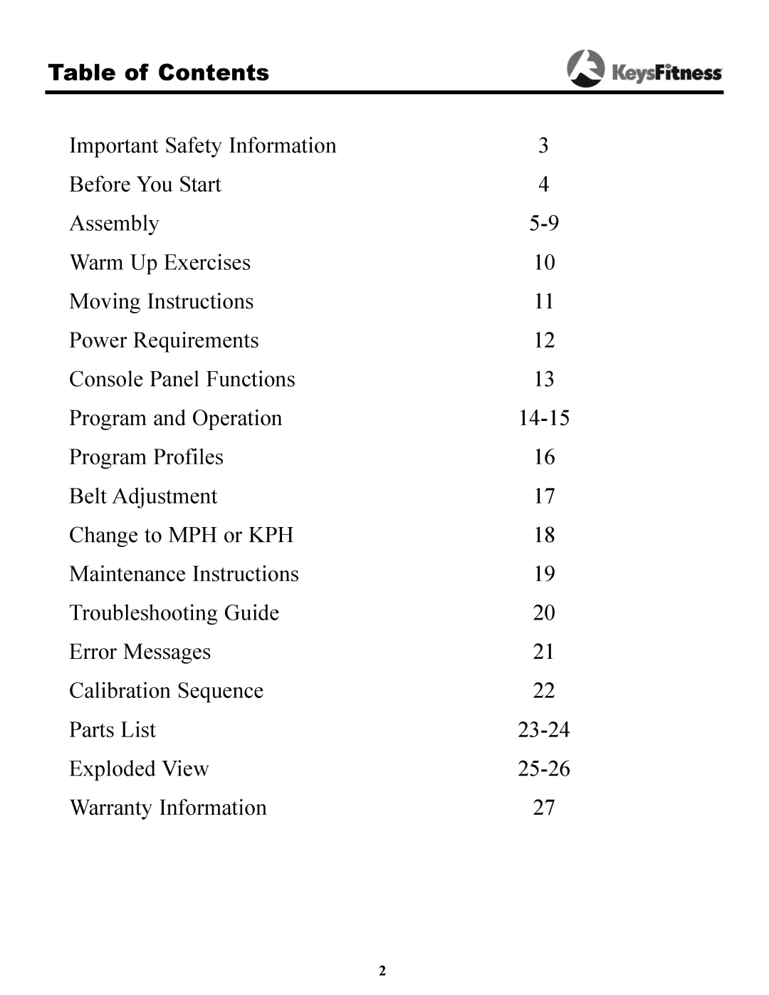 Keys Fitness 7.3t owner manual Table of Contents 