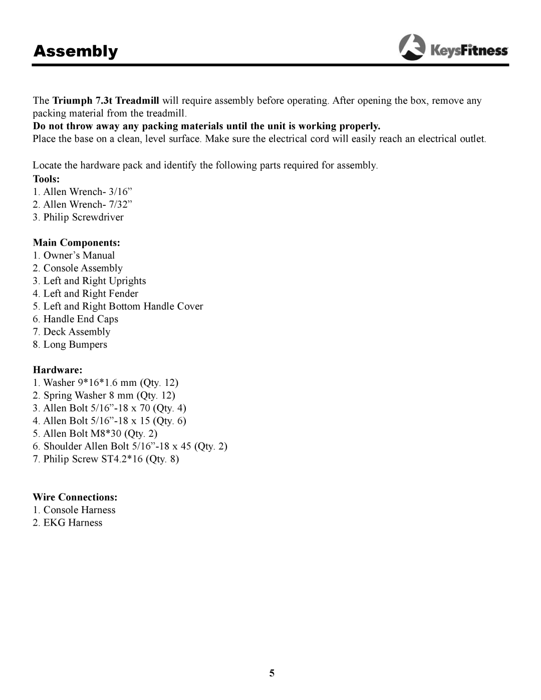 Keys Fitness 7.3t owner manual Assembly, Main Components 