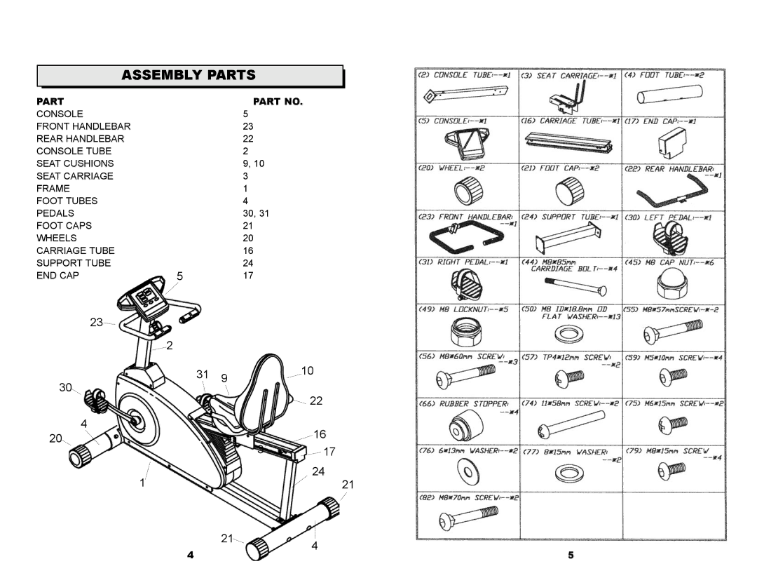 Keys Fitness 835R owner manual Assembly Parts 