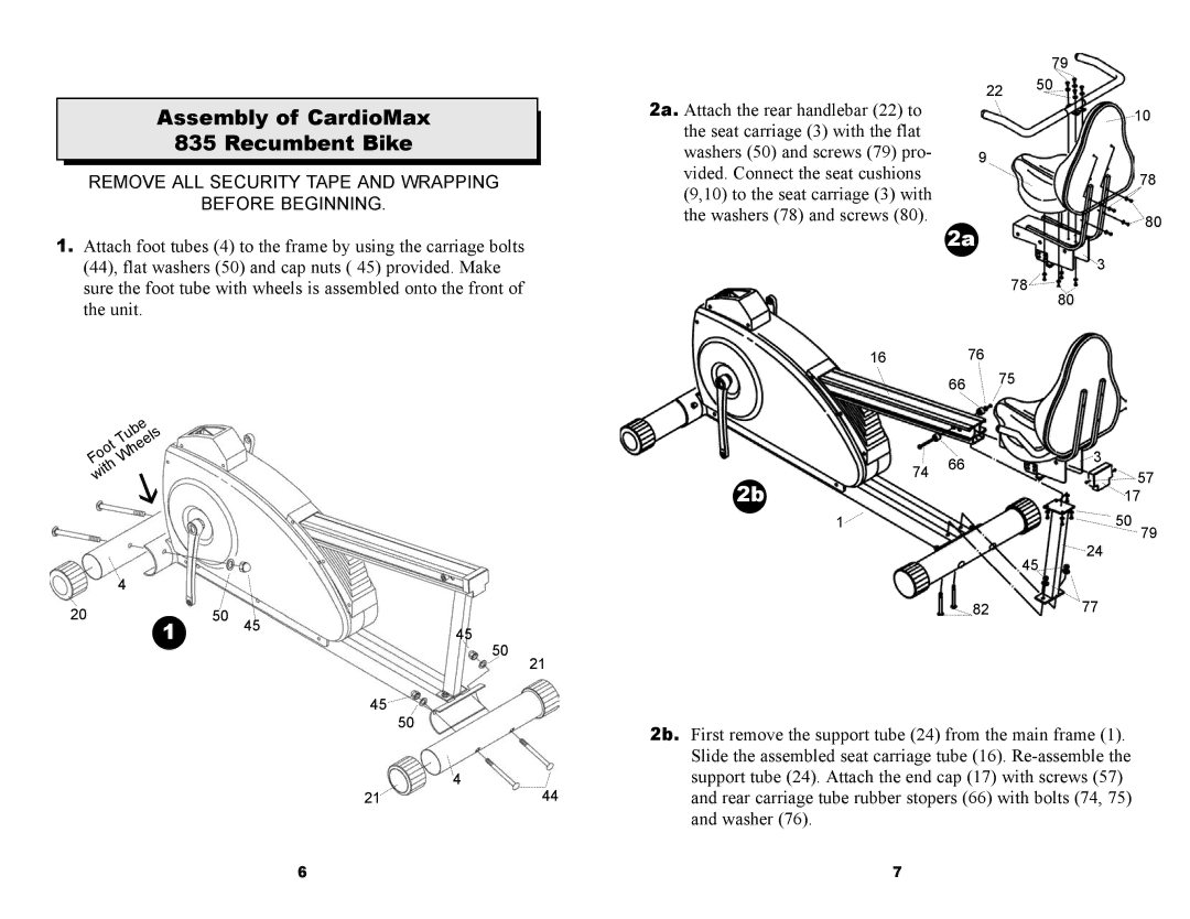 Keys Fitness 835R owner manual Assembly of CardioMax Recumbent Bike, Remove ALL Security Tape and Wrapping Before Beginning 