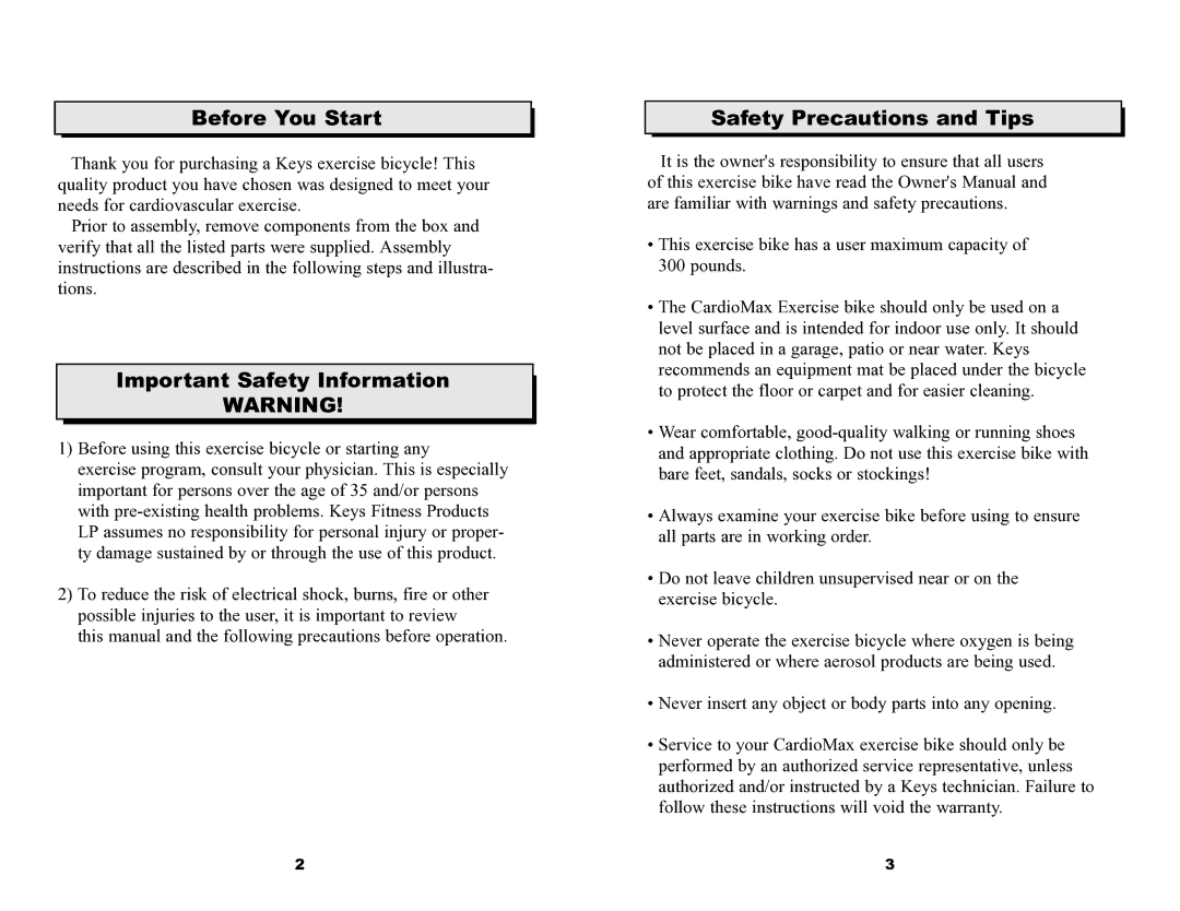 Keys Fitness 835U owner manual Before You Start, Important Safety Information, Safety Precautions and Tips 