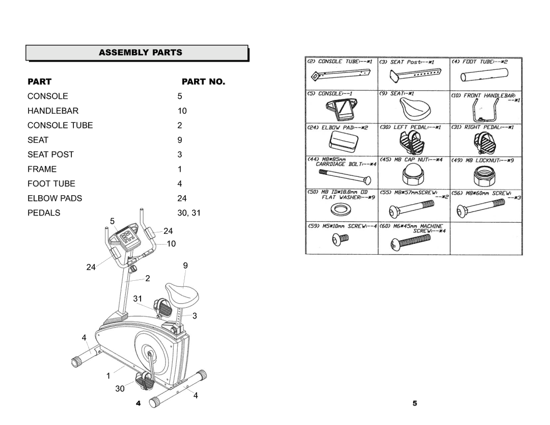 Keys Fitness 835U owner manual Assembly Parts 