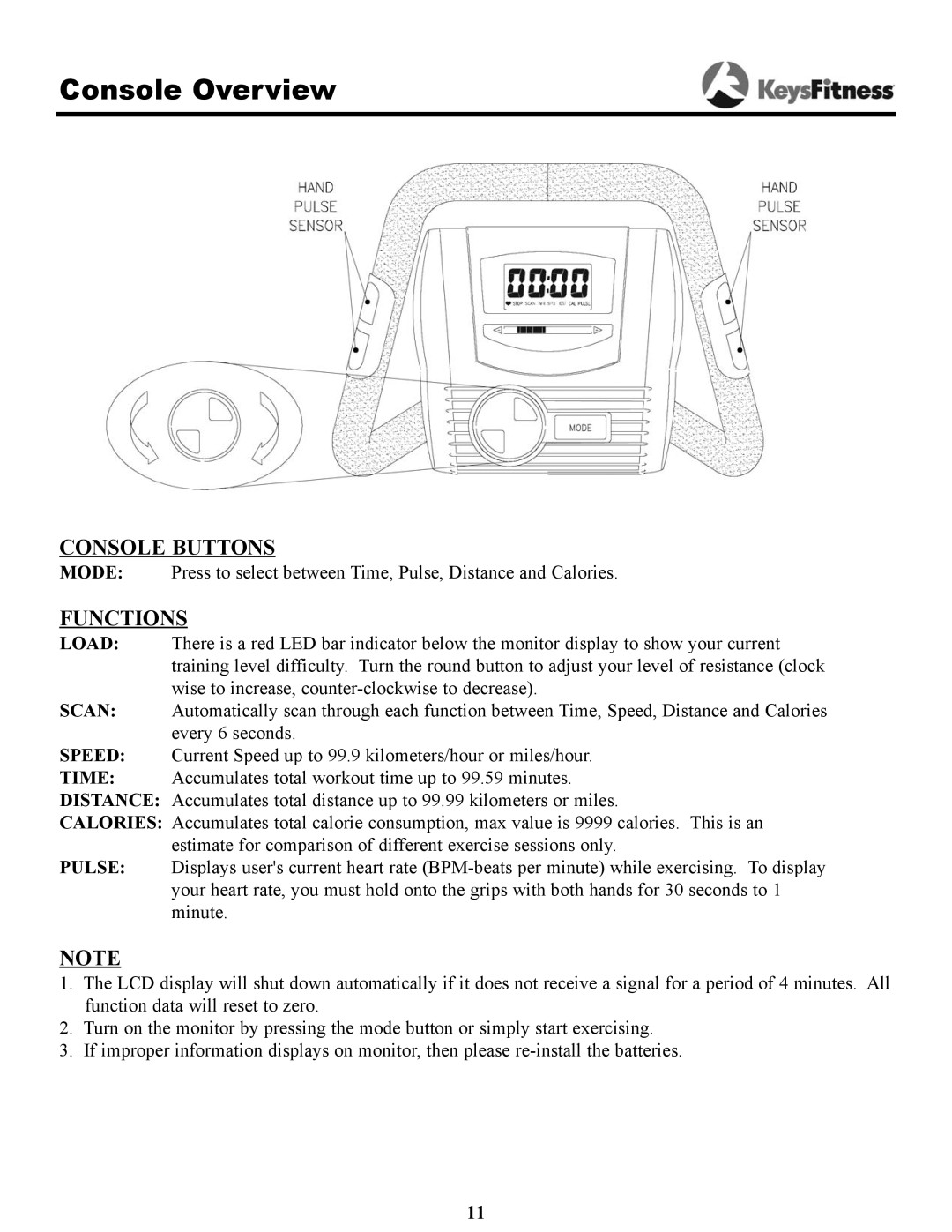 Keys Fitness 8.3e owner manual Console Overview, Functions 