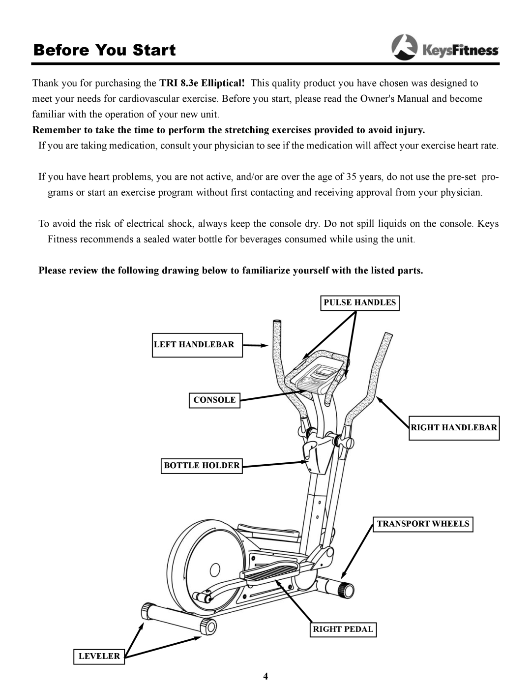 Keys Fitness 8.3e owner manual Before You Start 