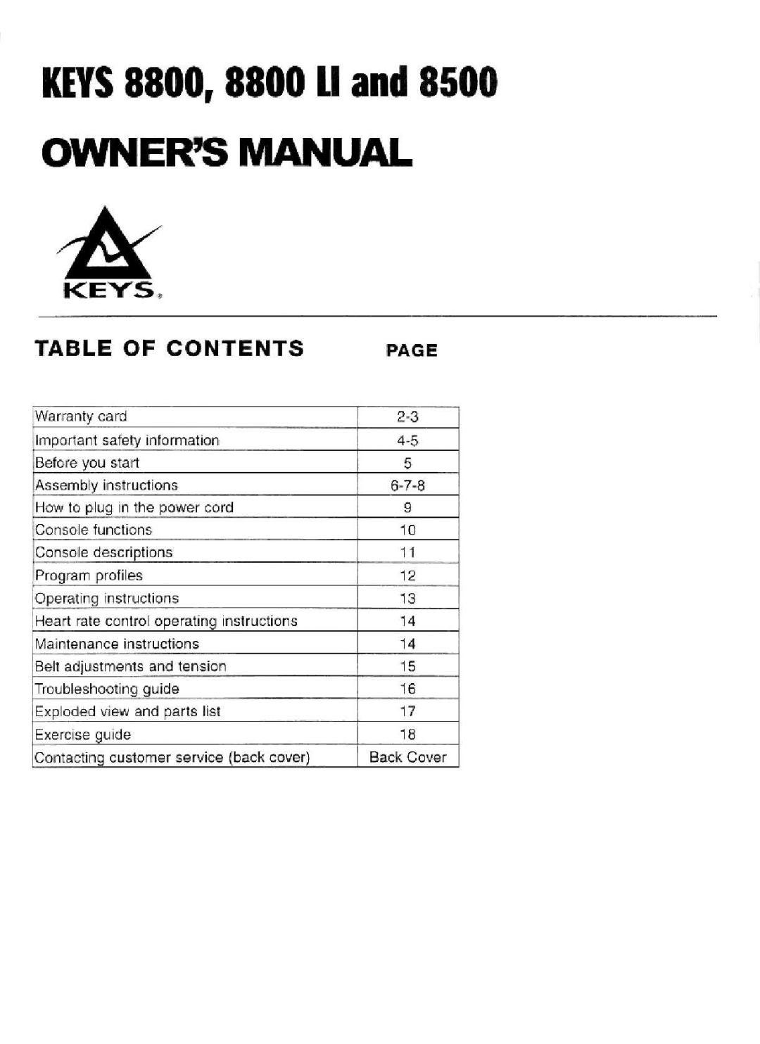 Keys Fitness 8800LI, 8500 manual 