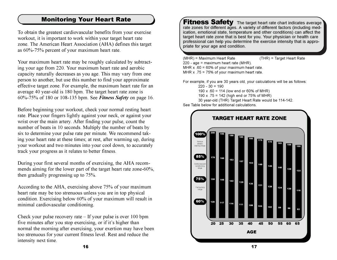 Keys Fitness 900U owner manual Monitoring Your Heart Rate, Target Heart Rate Zone 