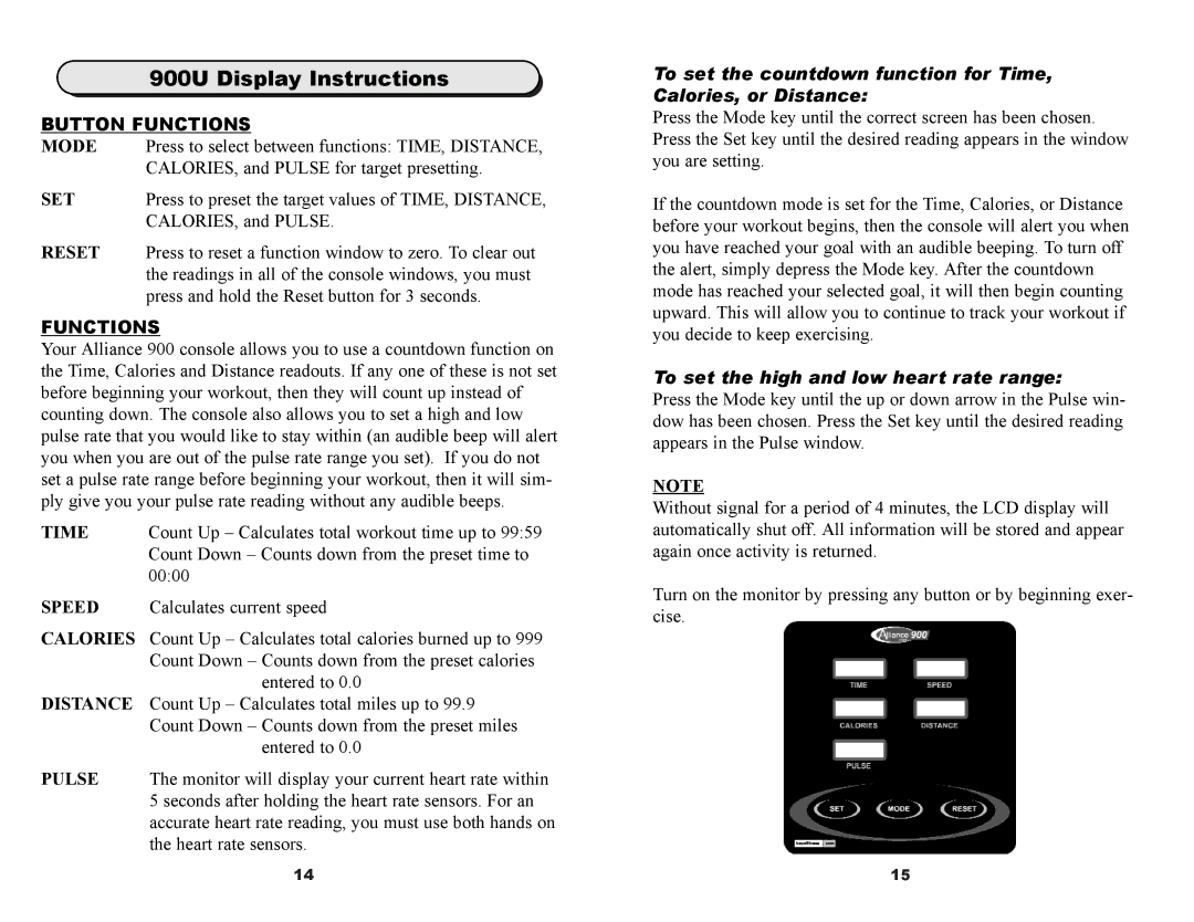 Keys Fitness owner manual 900U Display Instructions, Button Functions 