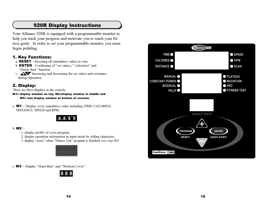 Keys Fitness owner manual 920R Display Instructions, Key Functions 