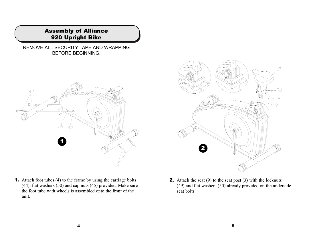 Keys Fitness 920U owner manual Assembly of Alliance Upright Bike, Remove ALL Security Tape and Wrapping Before Beginning 