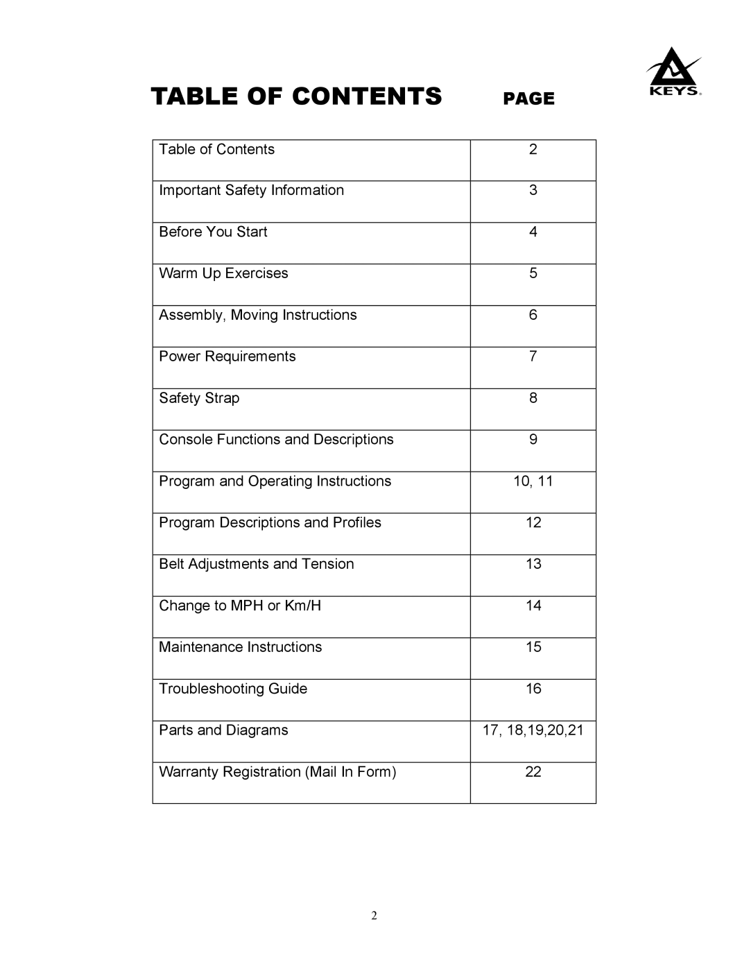 Keys Fitness 980S, 980HRS owner manual Table of Contents 