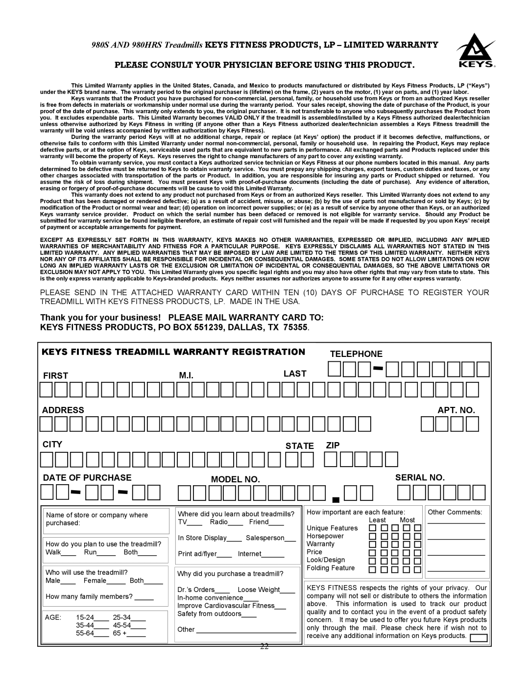 Keys Fitness 980S, 980HRS owner manual Please Consult Your Physician Before Using this Product 