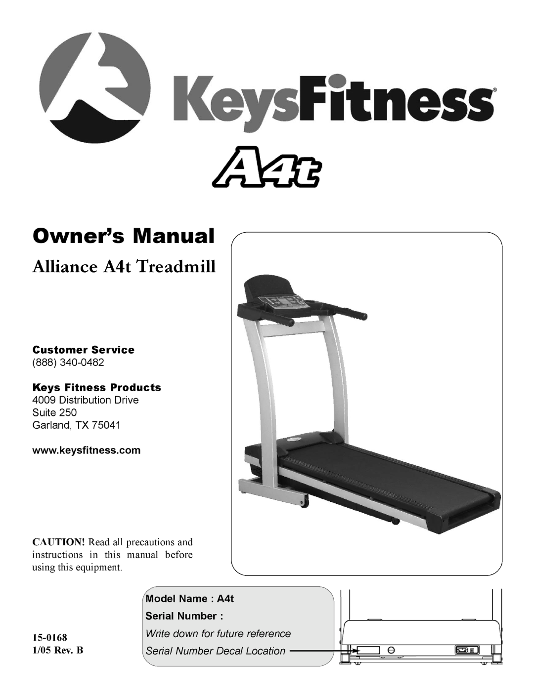 Keys Fitness A4T owner manual Alliance A4t Treadmill 